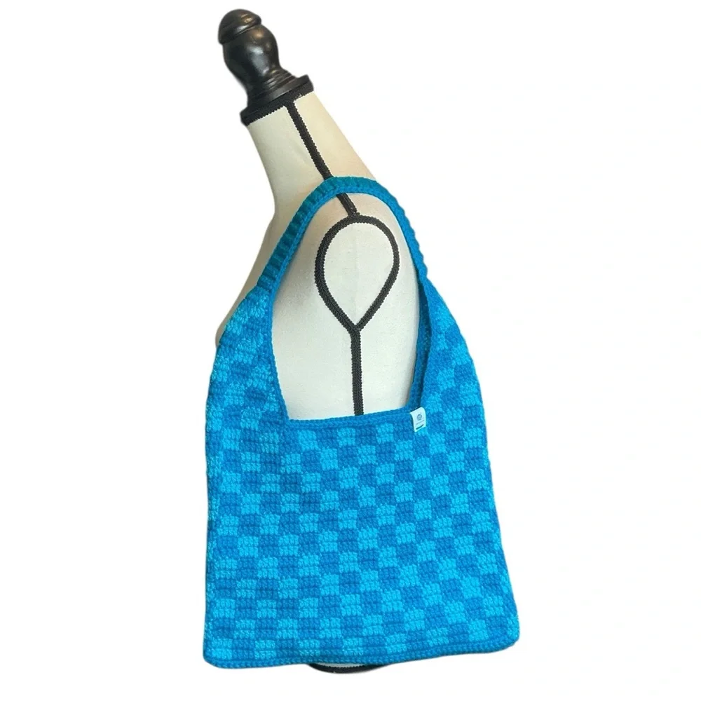 Handmade Sapphire & Cyan Blue Checker Checkerboard Crochet‎ Shoulder Tote Bag